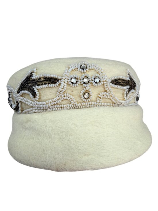 Jan Leslie Beaded Wool Hat Off White Designer‎ Cap 1990s main image 6